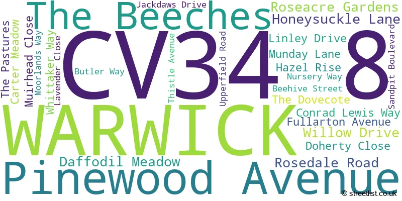 A word cloud for the CV34 8 postcode